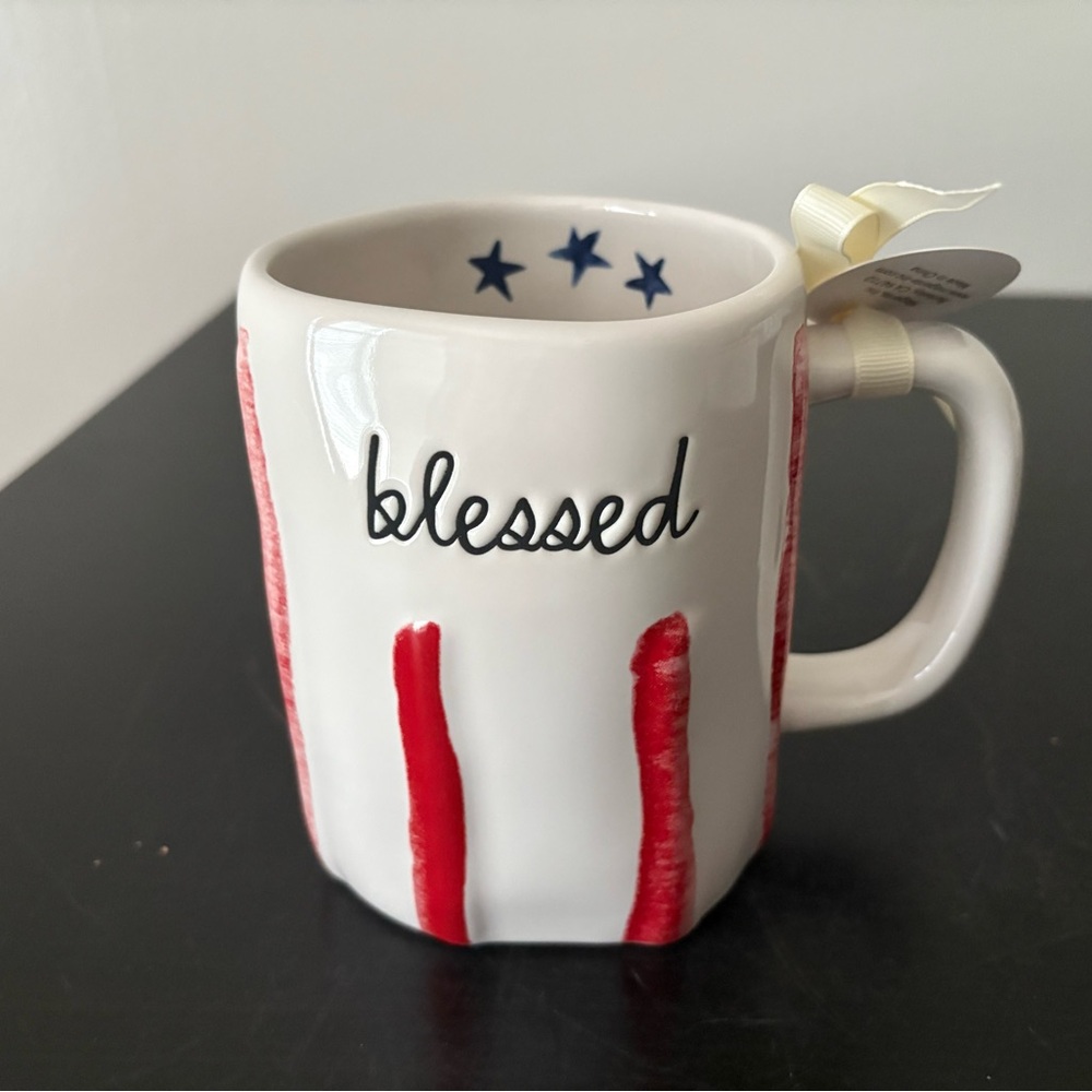 New Rae Dunn 4th July Blessed Ceramic Mug with Red Stripes